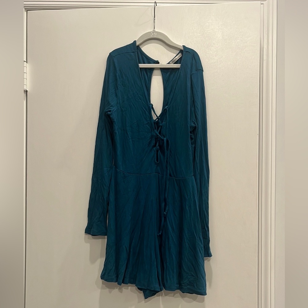 Charlotte Russe Teal Long Sleeve Romper with Criss Cross Details